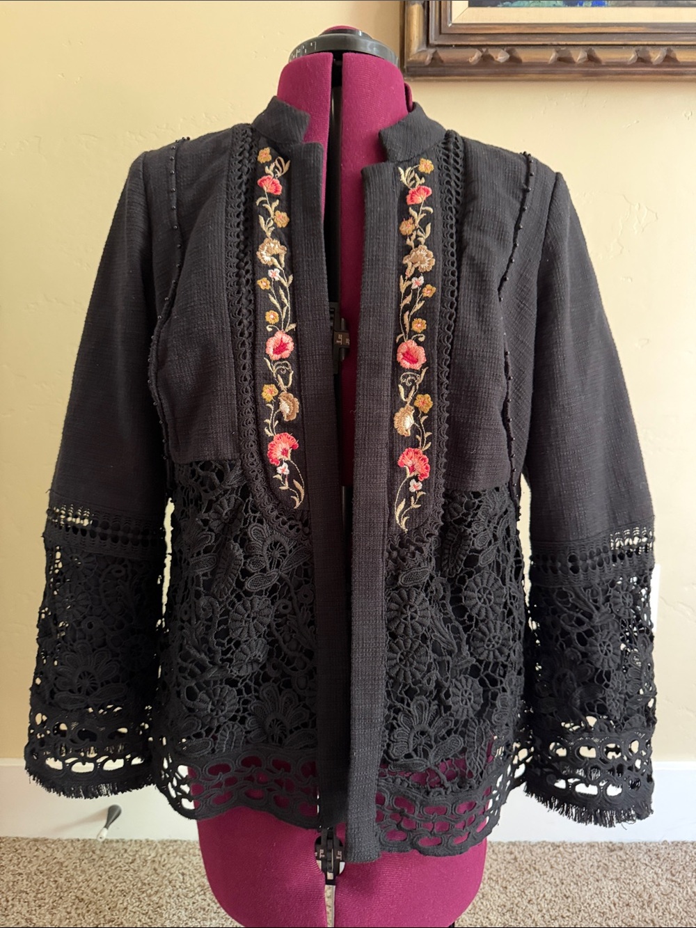 Chico's Black Open Crochet Hem Jacket with Floral Embroidery - size 1 (medium)